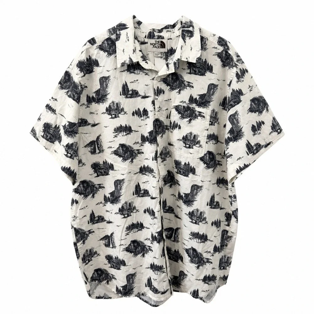 The North Face Men's Camp Shirt Cream 2X-Large Cotton Scenic Print EUC
